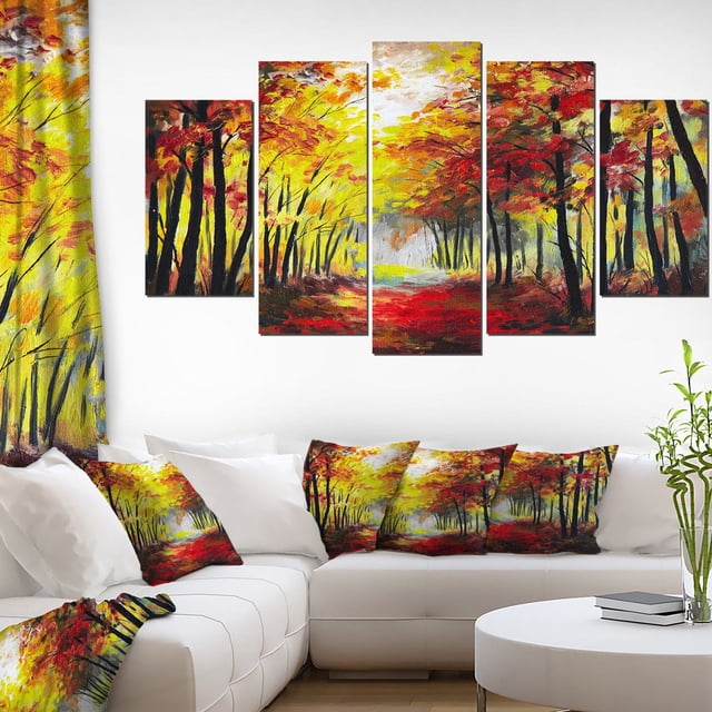Design Art Impression sur Toile Walk through Autumn Forest, une Toile en Coton Enveloppée à Cinq Panneaux Mettant en Vedette un Sentier Forestier Automnal vibrant avec des Feuilles Jaunes, Rouges et orange, Prête à Accrocher au-Dessus d'Un sofa Sectionnel Blanc avec Coussins Assortis et à Jeter dans un Salon Moderne.