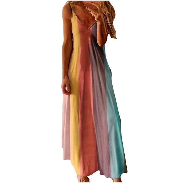 Pisexur Robe Sans Manches Col en V Mi-Mollet Robes Mi-Mollet pour Femmes Été Décontracté Col en V Imprimé Sans Manches Vacances Plage Longue Robe Femmes Robe