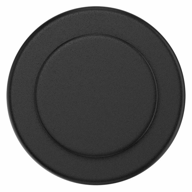 PopSockets PopGrip For MagSafe Round with Adapter Ring Black shown in a centered, top-down view, featuring a circular matte black magnetic phone grip and stand with a steel adapter ring for compatibility with all phones, allowing easy wireless charging and secure attachment to MagSafe cases. It is also suitable for hands-free use with all PopMounts.