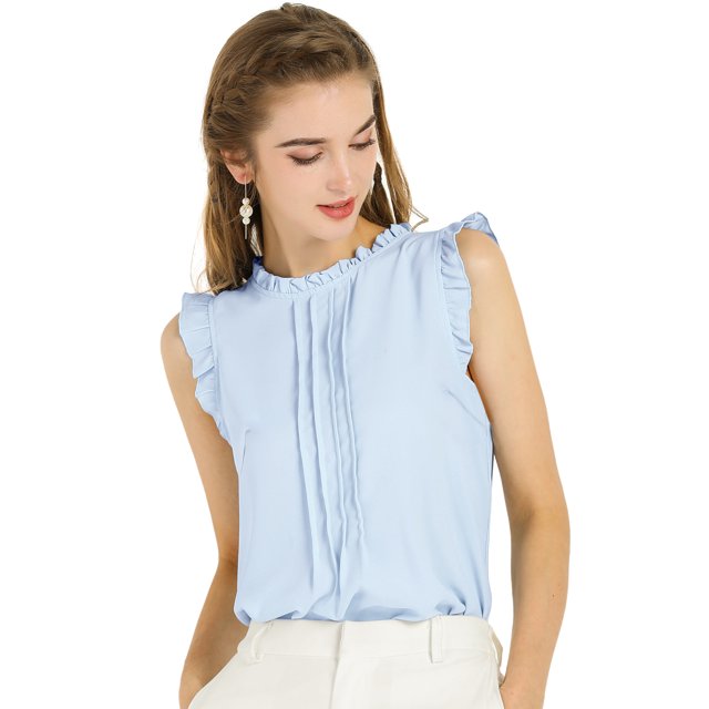 INSPIRE CHIC Women's Ruffled Crew Neck Sleeveless Pleated Blouse Top