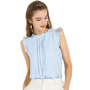 INSPIRE CHIC Blouse Haut Plissé Sans Manches à Col Ras du Cou à Volants pour Femme