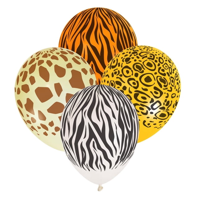 Way to Celebrate! 12" Multi-color Safari Latex Balloons, 8 Count featuring four 12-inch latex balloons with safari animal prints including tiger stripes, leopard spots, giraffe spots, and zebra stripes, suitable for party decorations and festive events.
