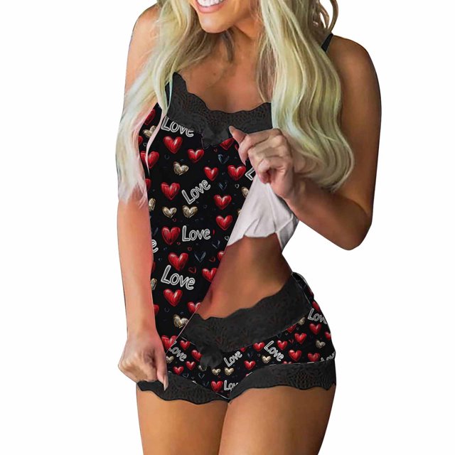 Jamicy Ensemble de Pyjama pour Femmes Shorts Saint-Valentin pour Épouses Ensemble de Pyjama Cami pour Femmes 2 Pcs avec Dentelle Ensemble de Pyjama Court Saint-Valentin avec Shorts Vêtements de Nuit