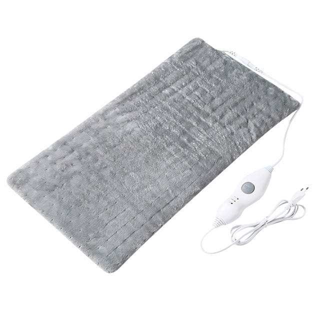Large heating pad for back and shoulder pain relief in light gray, made of flannel and ABS material. Features a 24x12 inch size, 71-inch cord, and three heat settings (30°C, 40°C, 50°C). Includes a controller and is machine washable. Designed for neck, back, spine, leg, and shoulder pain relief with automatic shut-off after 120 minutes.
