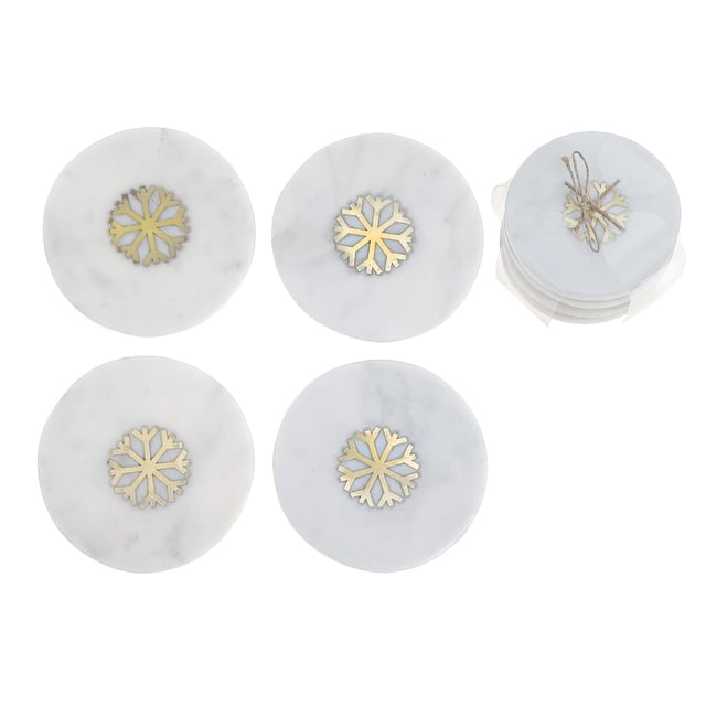Ensemble de 4 Pcs de sous-Verres Ronds en Marbre Blanc Coaster avec Incrustation de Flocon de Neige en Laiton, avec Cinq sous-Verres en Marbre Blanc 4x4 Pouces Présentant un Motif central de Flocon de Neige en Laiton, Quatre Superposés à Plat et un Empilé avec Ficelle, Protégeant les surfaces contre la condensation et Convenant aux Espaces de Repas Élégants.