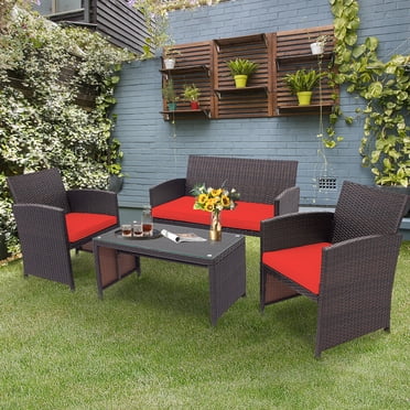 Costway Ensemble de Mobilier de Patio en Rotin 4 Pcs Chaise Coussinée Sofa Table Basse Rouge