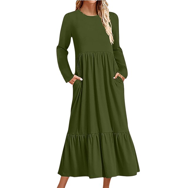 Penkiiy Robe Décontractée pour Femme à Manches Longues, Col Ras du Cou, Coupe Évasée, Robe Longue Fluide à Étages pour la Plage avec Poches, m Vert Armée