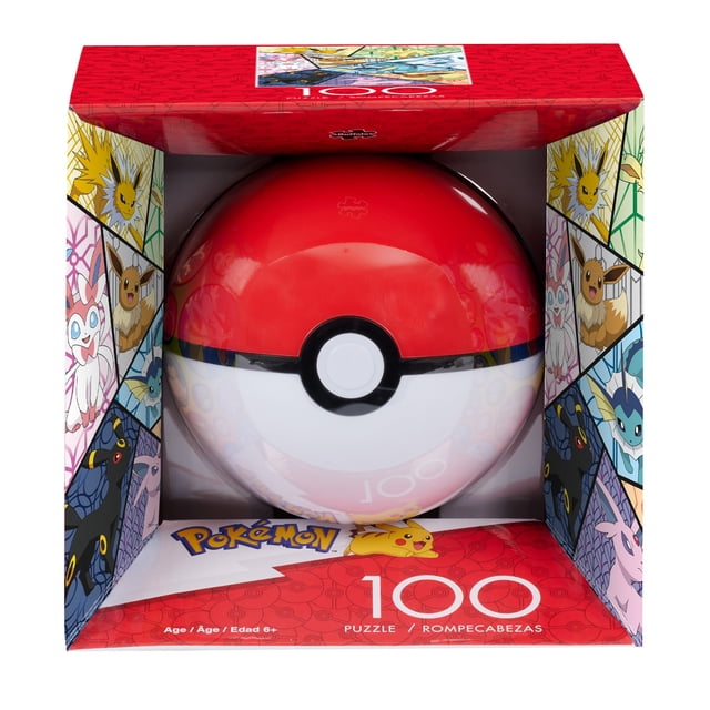 Buffalo Games Pokemon Eevee Evolutions 100-piece interlocking jigsaw puzzle for children ages 6+ shaped like a spherical Pokeball in a red box decorated with colorful illustrations of Eevee and its evolutions including Jolteon, Vaporeon, Flareon, Espeon, Umbreon, Leafeon, Glaceon, and Sylveon, with a finished size of 15 by 11 inches and a bonus full-color poster included for assembly reference.