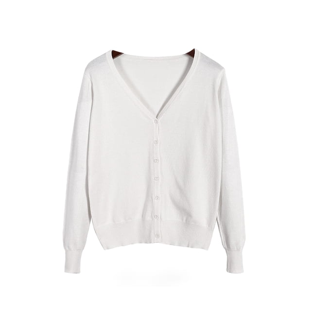 Innerwin Cardigan Sweater V Neck Ladies Coat Fall Solid Color Loose Outwear White L