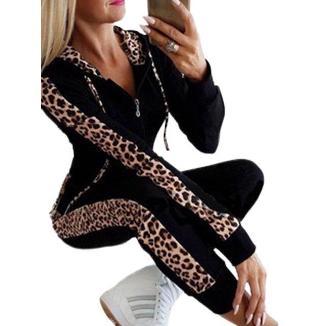Innerwin Ensemble de Jogging Imprimé Léopard Survêtements pour Femmes Jogging Hoodies Confortable 2 Pcs Noir TP