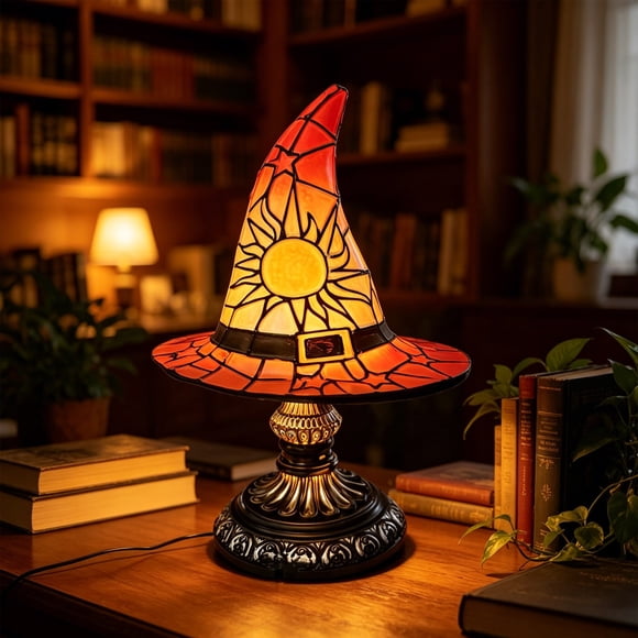 Lampe de Table en Verre Teinté à Chapeau de Sorcière Ancien / Base en Résine Rouge Rouille-Brun Alimentée par USB Lumière Décorative / Abat-Jour en Verre Coloré avec Motifs de Soleil et d'Étoiles / Lampe de Chevet Vintage pour Chambre d'Halloween