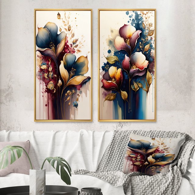 Designart « Navy and Bourgogne Calla Collection II » Calla Lily Ensemble d'Art Mural Encadré de 2 - Ensemble de Toiles Encadrées Florales Rouges pour Déco de Salon