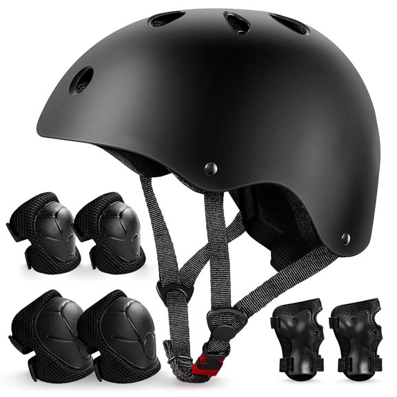 GRM Kids Bike Helmet & Protective Gear Set - Ages 3-10 Boys Girls - Skateboard Cycling Scooter Rollerblading - Black
