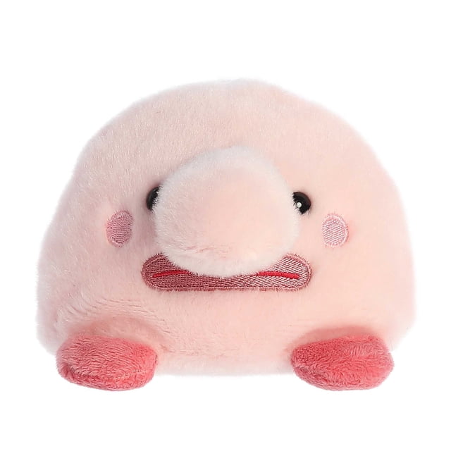 Aurora Palm Pals - Bart Blobfish 5-inch stuffed animal plush toy with a rosy pink hue, a wide stitched smile, tiny black eyes, and a soft, squishy texture. Includes bean pellets for stability and is suitable for all ages.