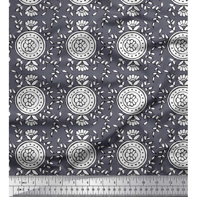 Soimoi Crepe Silk Fabric Leaves & Floral Block Decor Fabric Printed Yard 42 Inch Wide