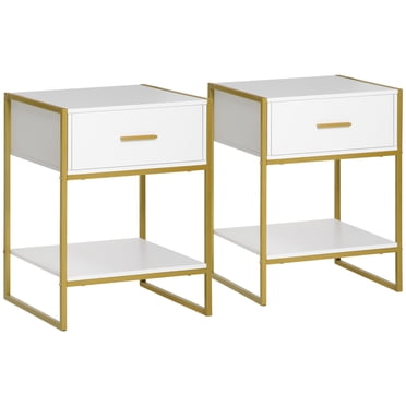 HOMCOM Modern Nightstand Set of 2 Side Table Shelf Drawer White Gold