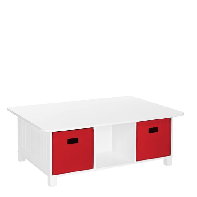 RiverRidge® Home 6-Cubby Storage Activity Table in White for Kids with 2-Piece Bins is a low rectangular white painted MDF toddler table featuring six cubbies, two with red fabric bins with handles, suitable for organizing toys and art supplies in playrooms or bedrooms.