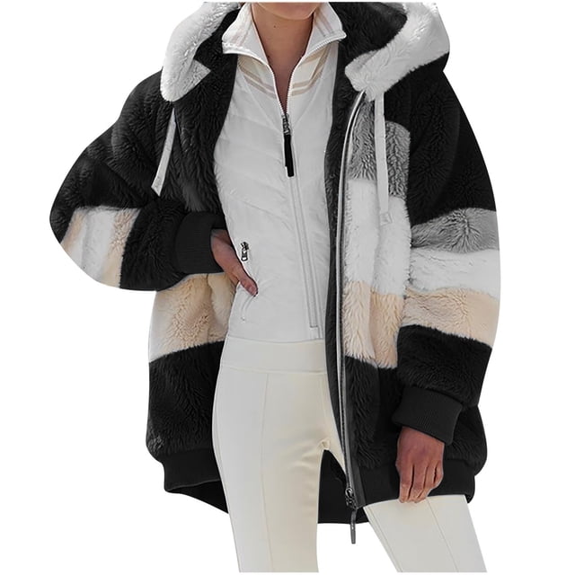 FAIWAD Women's Full Zip Fuzzy Fleece Hooded Coat Color Block Drawstring Fall Winter Warm Coat with Pockets
