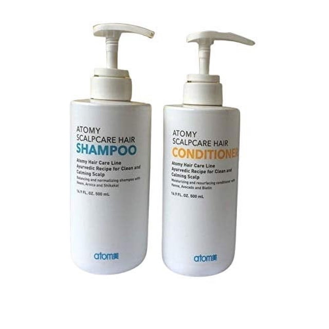 ATOMY Scalpcare 'Shampoo' Ensemble de Shampoing et Revitalisant de 2, avec Deux Bouteilles à Pompe Blanches Étiquetées et 'Conditioner. Chaque Bouteille Contient 500 ml de Liquide, Conçue pour Tous les types de Cheveux et Non Parfumée. Formulée avec une Recette Ayurvédique pour des Soins du Cuir Chevelu Propres et Apaisants, Idéale pour le Traitement des Cheveux.