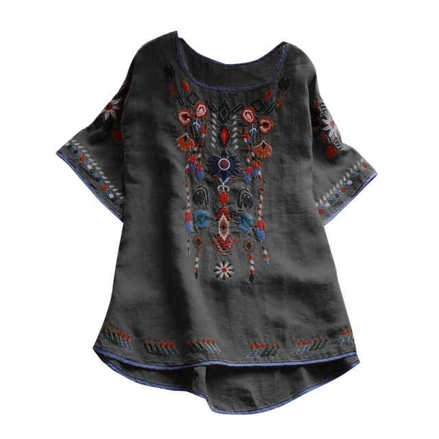 Blouses pour Femmes, T-Shirt Mode Décontracté Ample de Printemps Été pour Femmes, Couleur, Manches Courtes, Col Rond, Hauts Brodés, Blouse en Coton et Lin