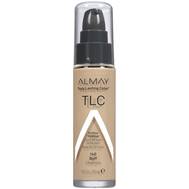 Almay Truly Lasting Color Maquillage Liquide Nuance 140 Buff, un Fond de Teint Liquide beige en Bouteille Transparente avec Distributeur à Pompe Noir et Bouchon Transparent, Enrichi de Vitamine E et d'Extrait de Citron pour une Peau Lisse et Éclatante et jusqu'à 16 Heures de Tenue.