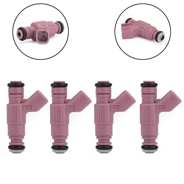 4PCS Fuel Injectors for 2003 Dodge Neon and Chrysler PT Cruiser 2.4L Turbo. The image shows four high-impedance fuel injectors in a pink finish, each featuring black O-rings and a compact design. Close-up insets highlight the connector and nozzle details. These injectors are designed to match OEM specifications, ensuring optimal fuel flow and atomization for improved MPG and acceleration. Compatible with 2003 Neon SRT-4 and Chrysler PT Cruiser 2.4L Turbo models.