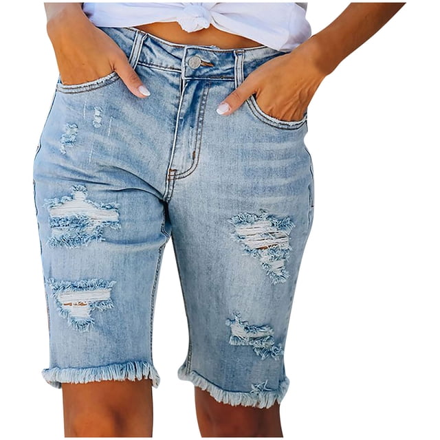 AherBiu Jean Shorts Ripped Straight Distressed Frayed Stretchy High Waisted Skinny Half Denim Shorts