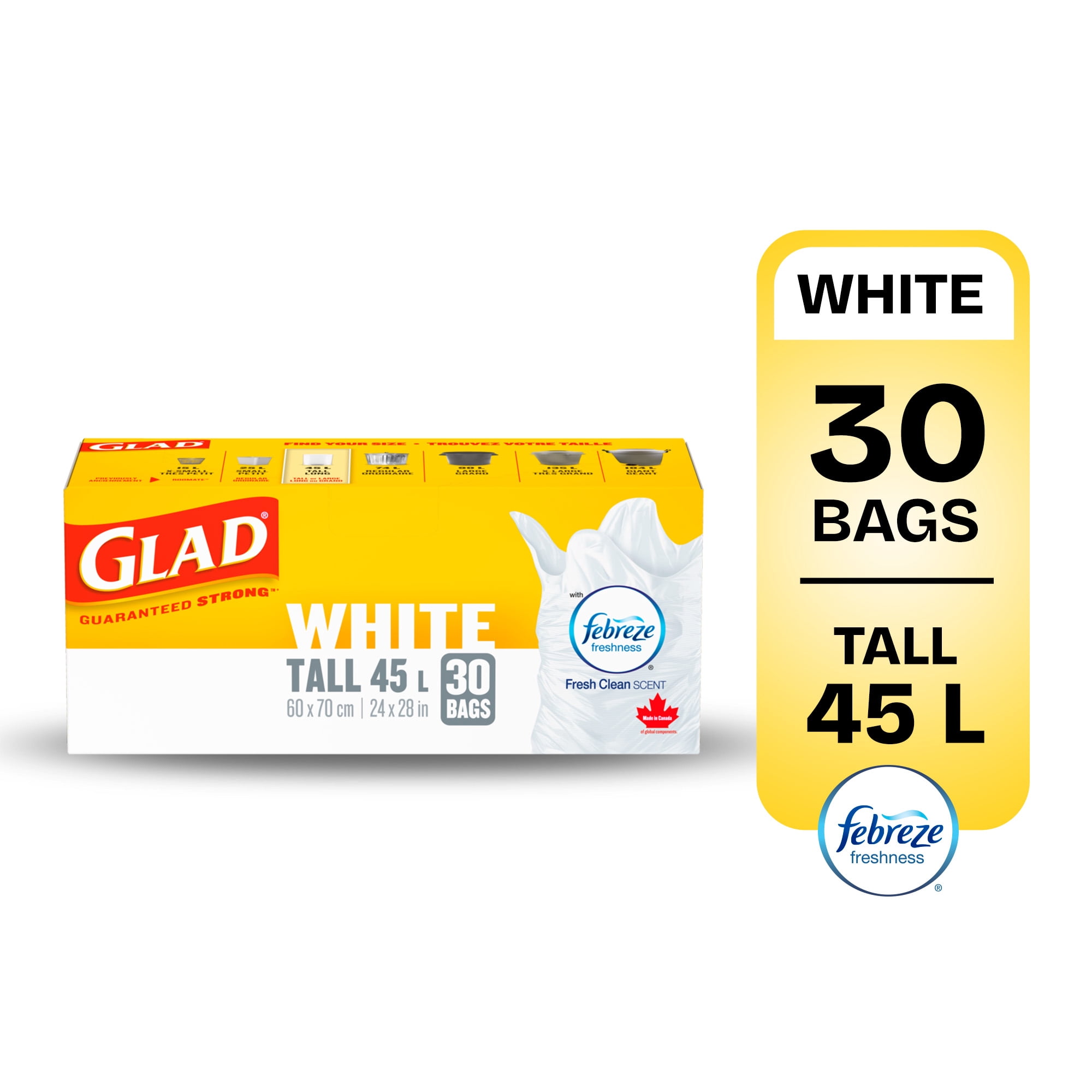 Glad White Garbage Bags - Tall 45 Litres - Febreze Fresh Clean Scent,