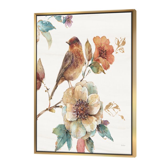Farmhouse Bird on Flower Branch - Traditional Framed Canvas