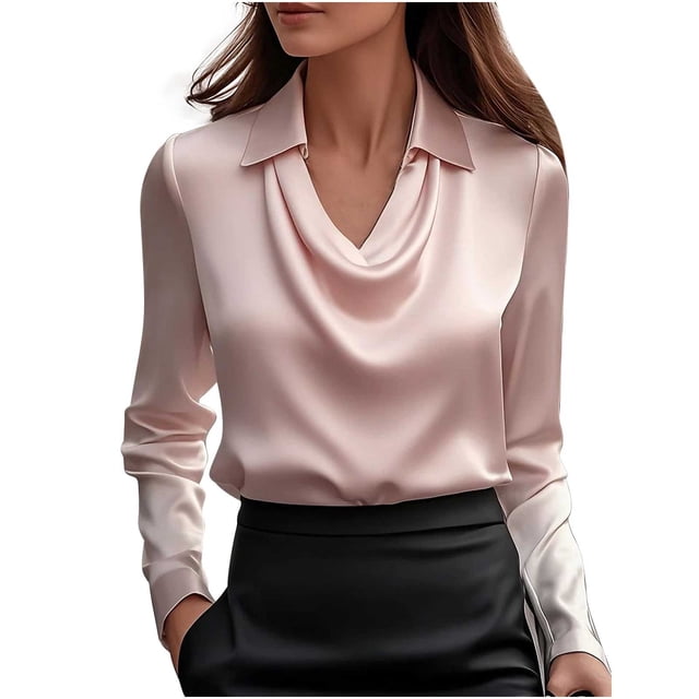Yanlir Chemisier Haut à Revers en Satin Uni pour Femme, Printemps Automne, Col Rond, Mode Décontractée, Boutons, Blouse Confortable pour le Bureau, le Travail, le Port Quotidien (Rose#1, 2TG)