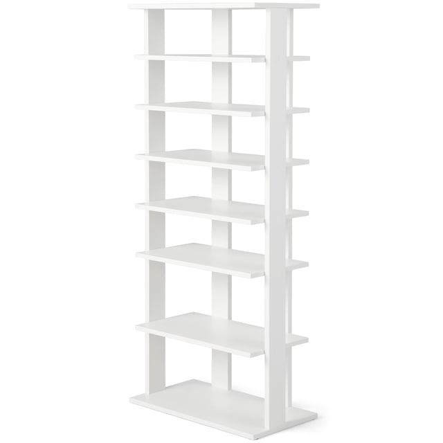 Patiojoy 7-Tier Double Rows Shoe Rack Vertical Wooden Shoe Storage Organizer Patented White. A tall, vertical shoe rack with seven tiers and a double-row design, accommodating up to 14 pairs of shoes. Made of engineered wood in a white finish, it features adjustable shelves to fit various shoe heights, including high boots. The compact design optimizes vertical space, making it suitable for entryways, closets, or bedrooms. Includes an anti-tip kit for safety and anti-scratch foot pads to protect floors. Can also be used as a plant stand or display rack.