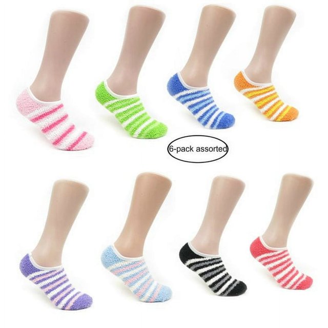 CHUANK Women‘s Colorful Striped Solid Soft Casual Fuzzy Ankle Slipper Socks With Grip