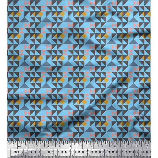 Soimoi Blue Poly Georgette Fabric Diamond & Triangle Geometric Decor Fabric Printed Yard 52 Inch Wide