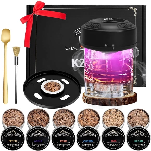 Trousse de Fumoir à Whisky avec Briquet USB Rechargeable Intégré, Comprend 6 Copeaux de Bois Naturels (Poire, Hickory, Hêtre) pour Cocktails, Fromage, Viandes, Outil de Bar Compact