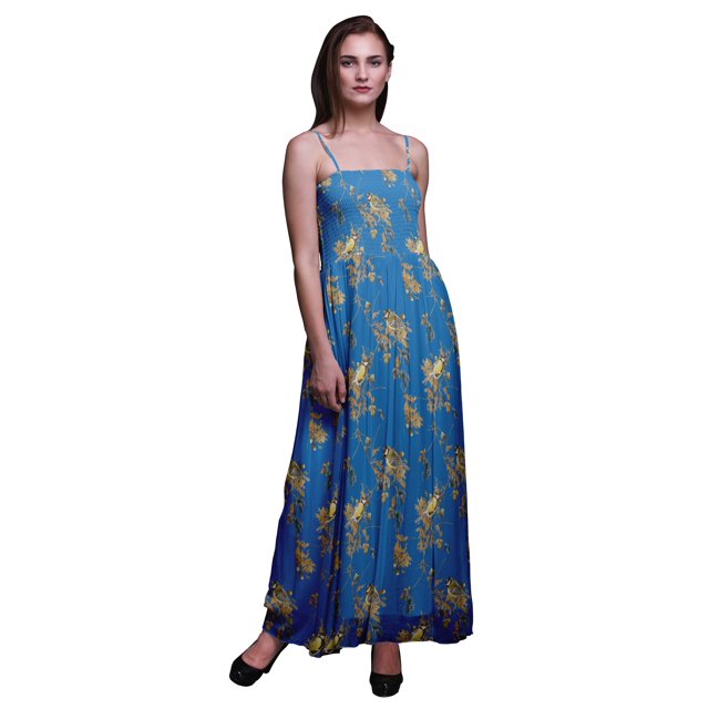 Bimba Robe Fluide à Bretelles Spaghetti Smockée Imprimée pour Femmes Black Berry & Yellow Sparrow Bird Bimba - XX-Grand
