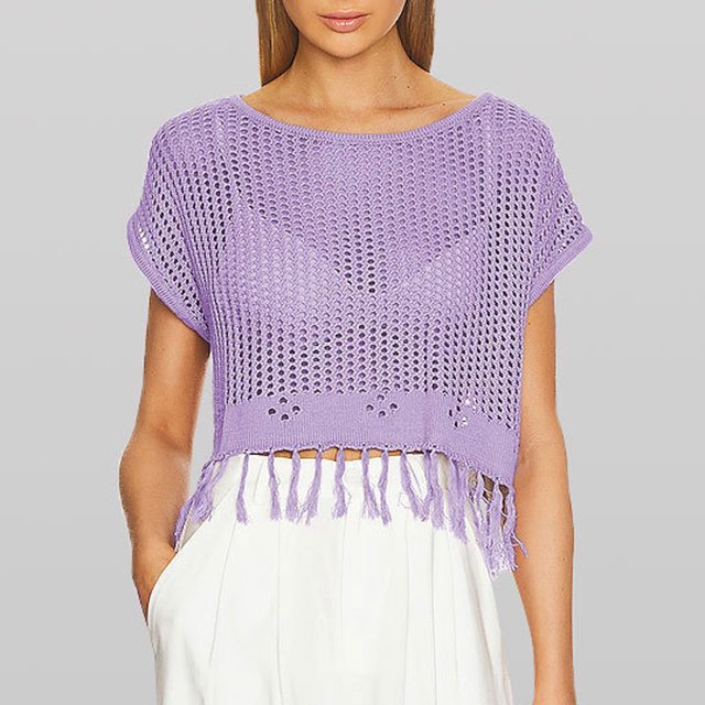 Liquidation et Promo, Chemisier Décontracté à Franges à Manches Courtes et Coupe Ample à Col Rond pour Femme, Tunique à Découpes pour l'Été, Design Élégant/acrylique, Violet, Sopatenor