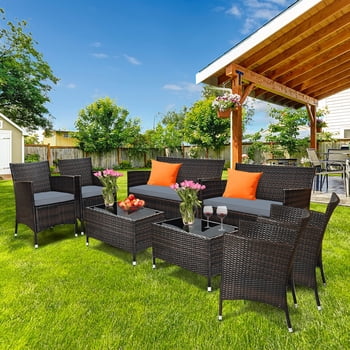 Gymax 8PCS Patio Rattan Conversation Furniture Set Outdoor w/ Gray Cushion