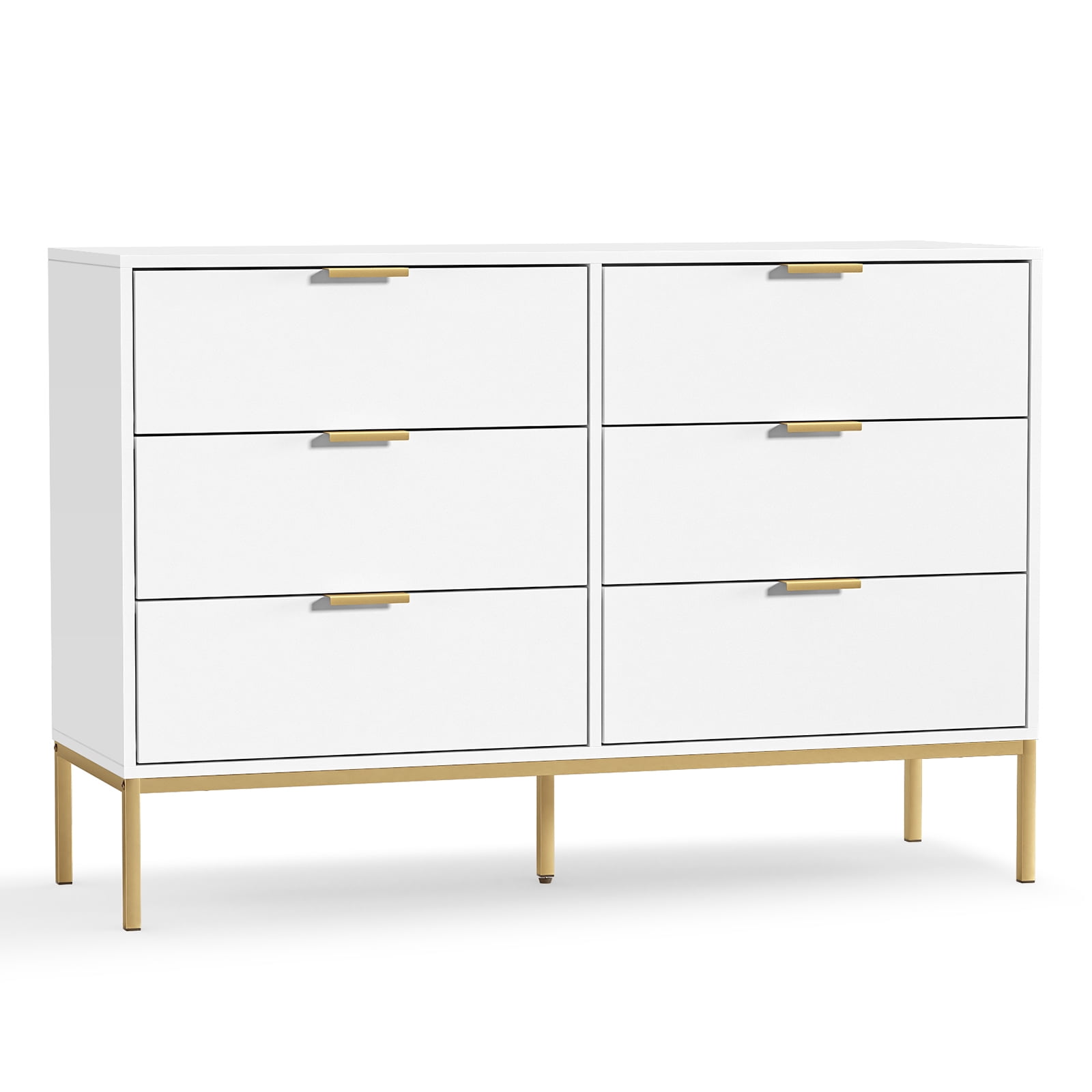 Eumyviv Modern Chest of Drawers with Gold Handles Mid Century Modern 6-Drawer Storage Dresser for Bedroom Living Room, White H0122