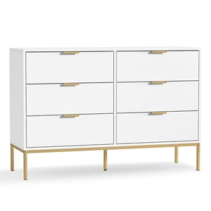 Eumyviv Coffre moderne de tiroirs avec poignées en or Mid Century Modern 6-Drawer Dressing de rangement pour chambre à coucher salon, blanc H0122