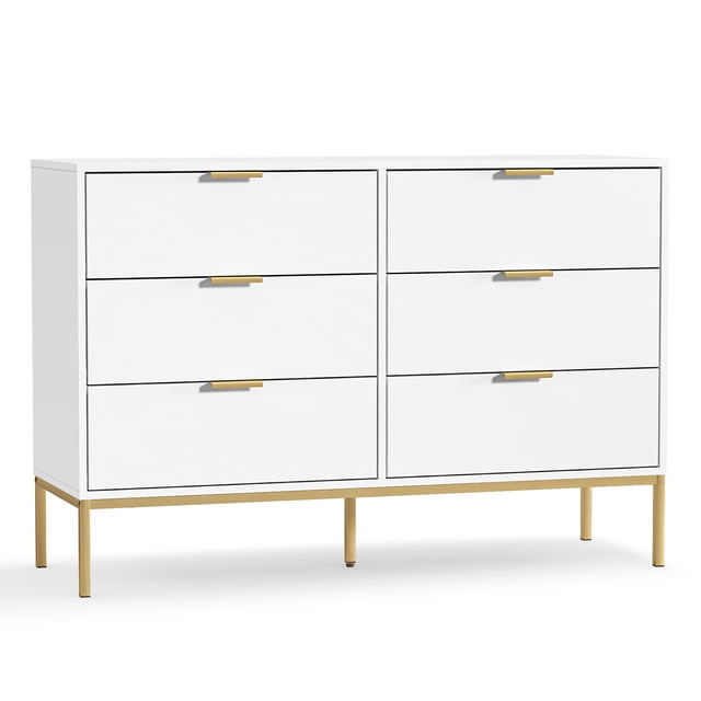 Eumyviv Modern Chest of Drawers with Gold Handles, a mid-century modern 6-drawer storage dresser in white. Features a sleek design with gold metal legs and handles, providing ample storage with six spacious drawers and a wide tabletop. Constructed from durable MDF with an anti-tip wall anchor for stability and safety. Suitable for bedrooms, living rooms, or hallways. Dimensions: 47 inches long, 15.7 inches wide, and 32 inches high.