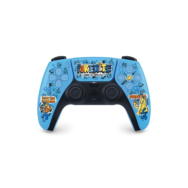DualSense® wireless controller – Fortnite® Limited Edition centered front-facing shot of a Fortnite-themed DualSense controller with Fishstick and Peely artwork on the faceplate, visible USB-C port and 3.5mm headset jack, labeled adaptive trigger areas, built-in microphone grille and grip texture; often used for livestreaming setups.