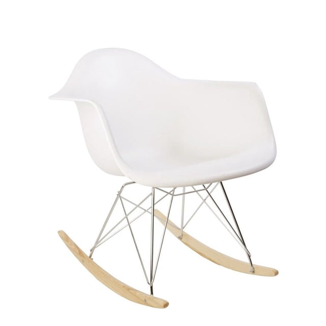 Plata Décor Import Inc White Rocking Chair for children with armrests, with a smooth white polypropylene seat, metal wire frame, and natural wood rockers providing stable gentle rocking, suitable for nursery or playroom use.