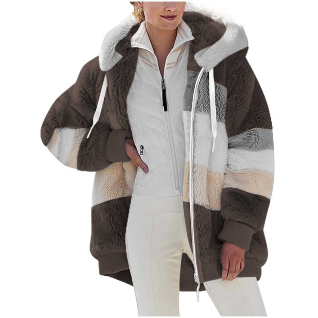 FAIWAD Women's Full Zip Fuzzy Fleece Hooded Coat Color Block Drawstring Fall Winter Warm Coat with Pockets