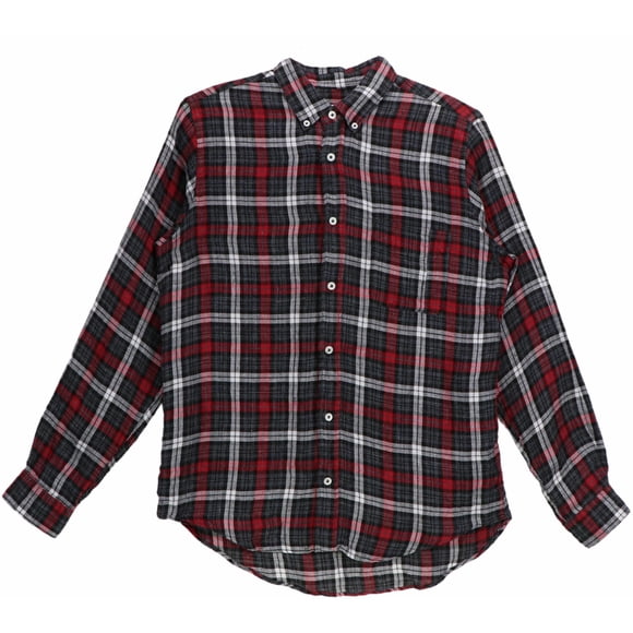 Presidents Men's Red / Black Linen Flannel Check Washed Casual Button-Down Shirt - M