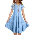 thumbnail image 4 of TopLLC Robe à Manches Courtes Col Rond Mode Été Nouvelle Robe à Manches Courtes Poches à Volants Col Rond Unie Girl Dress, 4 of 7