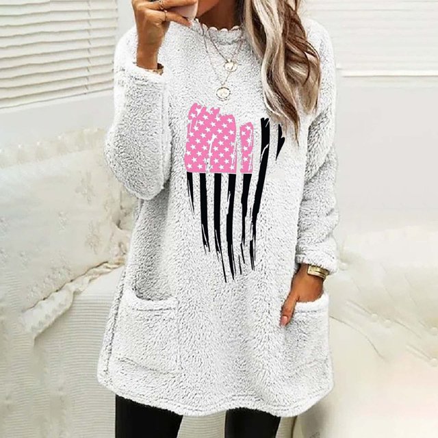 Jsaierl T-Shirts Cancer du Sein pour Femmes Hiver Longs Hauts en Polaire Duveteuse Mode Graphique Blouses Chaudes Manches Longues Col Rond Pull avec Poches