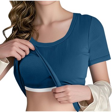 Plebaso T-Shirts pour Femmes avec Soutien-Gorge Intégré, Manches Courtes, Hauts Côtelés, Col Rond Décontracté, T-Shirt d'Été Mignon pour Femmes
