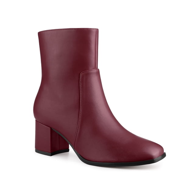 Unique Bargains Women's Square Toe Side Zip Block Heel Ankle Boots Burgundy (Size 7)
