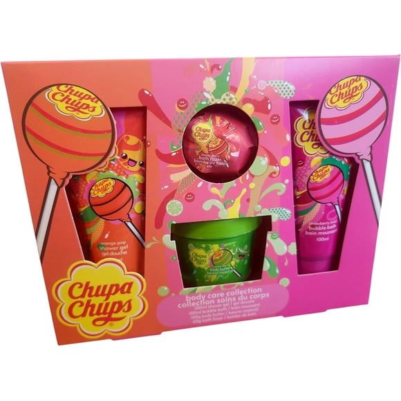 Chupa Chups Body Care Gift Set, Orange Pop Shower Gel, Strawberry Bubble Bath, Body Butter, Bath Fizzer, 4 Piece Collection, 360ml Total
