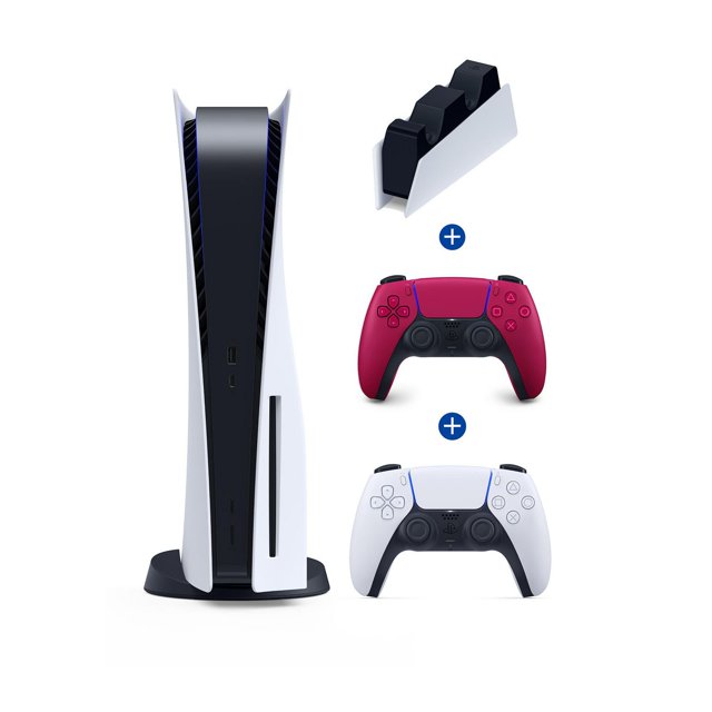 PlayStation®5 Console Ensemble Comprenant la Console PS5, une Manette Sans Fil DualSenseTM Blanche, une Manette Sans Fil DualSenseTM Rouge Cosmique Supplémentaire et une station de Recharge DualSenseTM. la Console PS5 Est Montrée Debout Verticalement avec Son design Élégant Blanc et Noir. la Manette Rouge Cosmique Ajoute une Touche Vibrante à l'Ensemble, Tandis Que la station de Recharge Est Conçue pour Tenir et Charger Deux Manettes Simultanément.